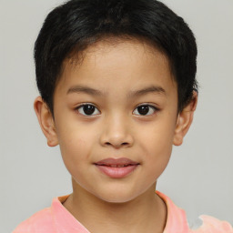 Joyful white child female with short  brown hair and brown eyes