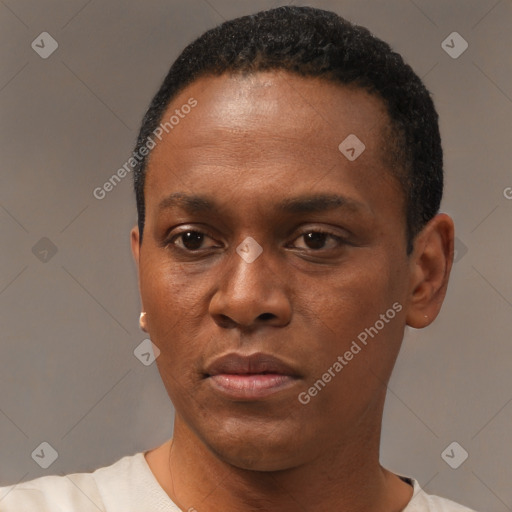 Neutral black young-adult male with short  black hair and brown eyes