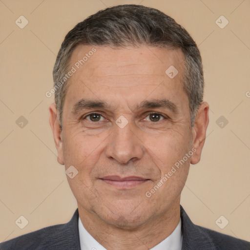 Neutral white middle-aged male with short  black hair and brown eyes