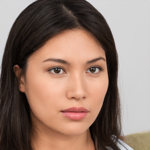 Neutral asian young-adult female with long  brown hair and brown eyes