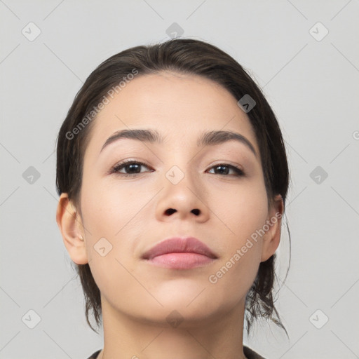 Neutral white young-adult female with medium  brown hair and brown eyes