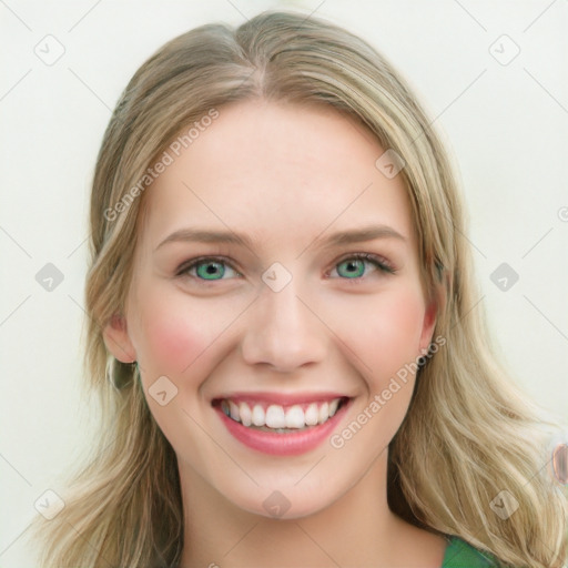 Joyful white young-adult female with long  brown hair and blue eyes