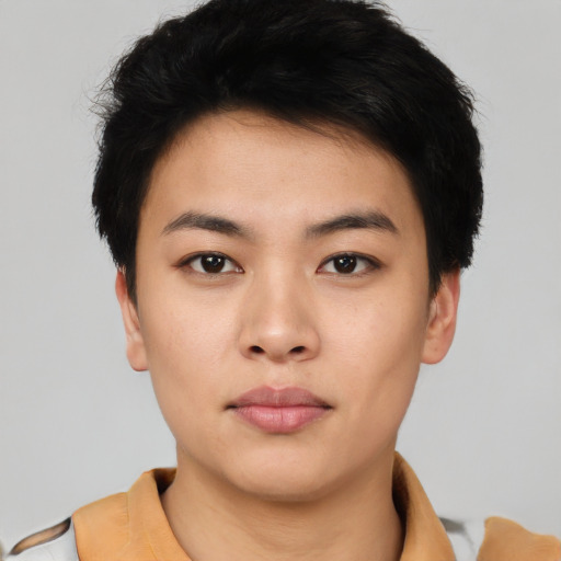 Neutral asian young-adult female with short  black hair and brown eyes