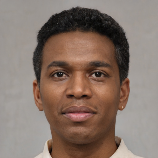 Neutral black young-adult male with short  black hair and brown eyes