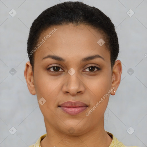 Joyful latino young-adult female with short  brown hair and brown eyes