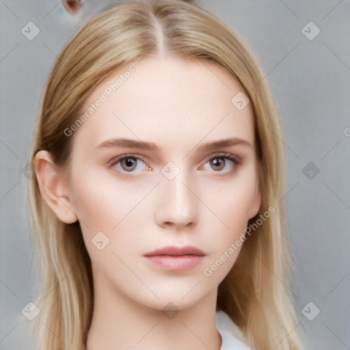 Neutral white young-adult female with long  brown hair and grey eyes