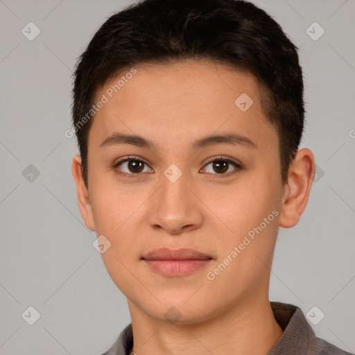 Joyful white young-adult female with short  brown hair and brown eyes