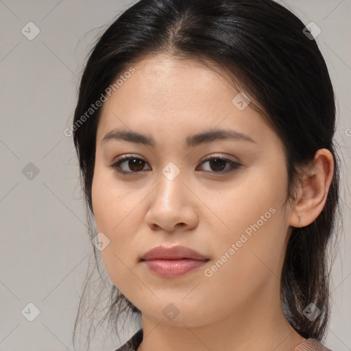 Joyful white young-adult female with medium  brown hair and brown eyes