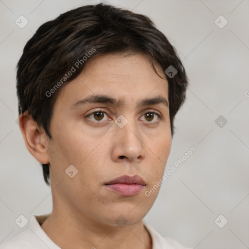 Neutral white young-adult male with short  brown hair and brown eyes