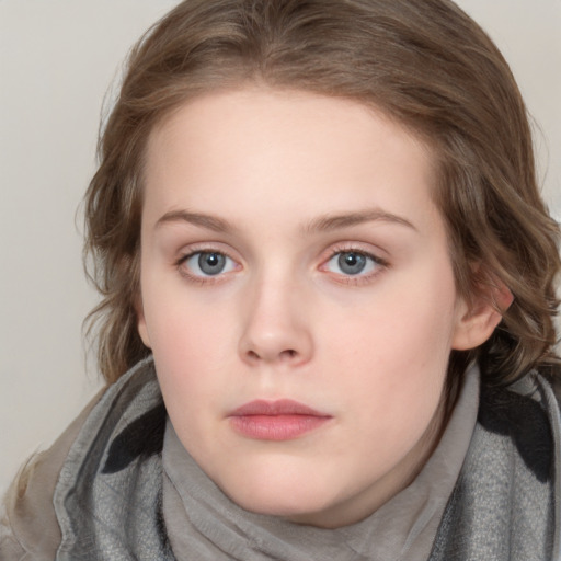 Neutral white young-adult female with medium  brown hair and grey eyes