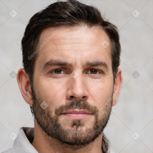 Neutral white adult male with short  brown hair and brown eyes