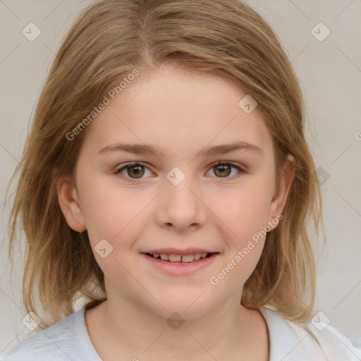 Joyful white child female with medium  brown hair and brown eyes