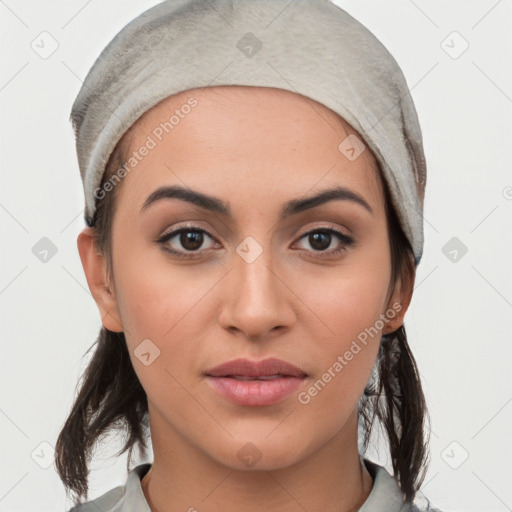 Joyful white young-adult female with medium  black hair and brown eyes