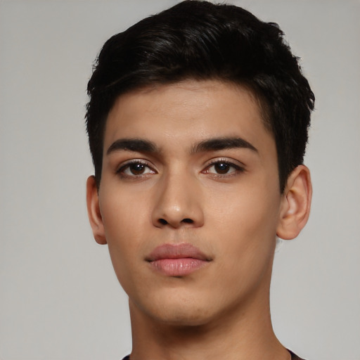 Neutral latino young-adult male with short  black hair and brown eyes