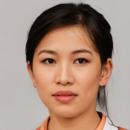 Neutral asian young-adult female with short  brown hair and brown eyes