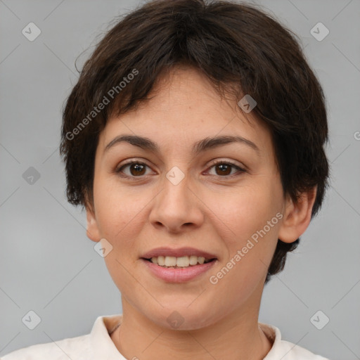 Joyful white young-adult female with short  brown hair and brown eyes