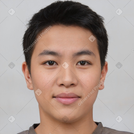 Neutral asian young-adult male with short  black hair and brown eyes