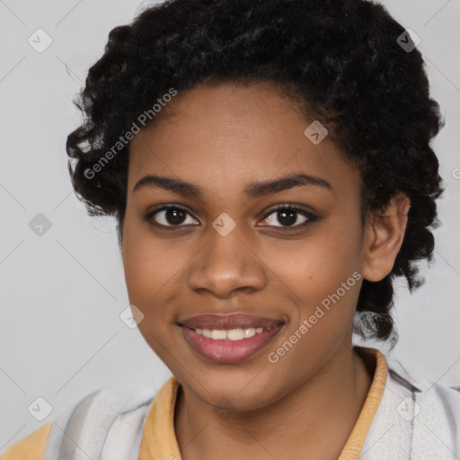 Joyful black young-adult female with medium  black hair and brown eyes