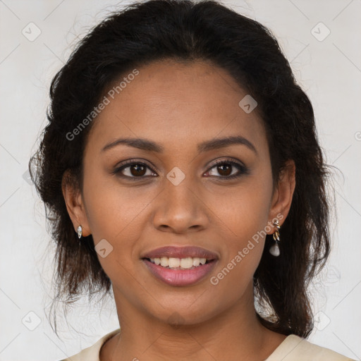 Joyful latino young-adult female with medium  brown hair and brown eyes