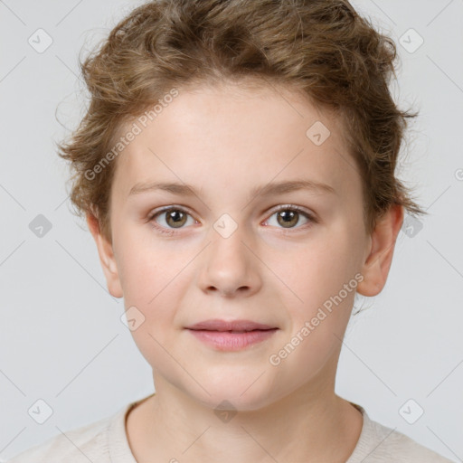 Joyful white child female with short  brown hair and brown eyes