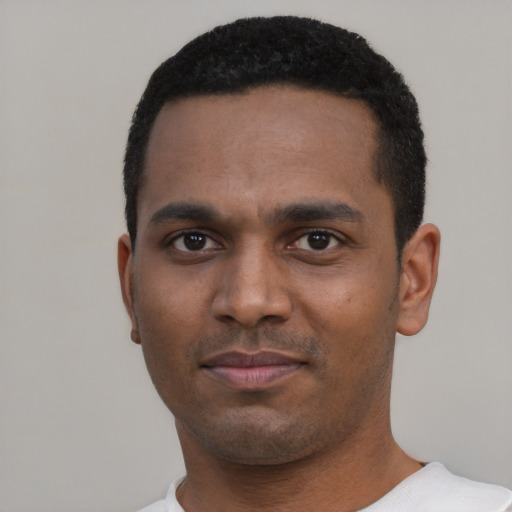Neutral black young-adult male with short  black hair and brown eyes