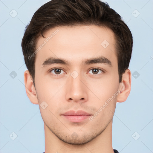 Neutral white young-adult male with short  brown hair and brown eyes