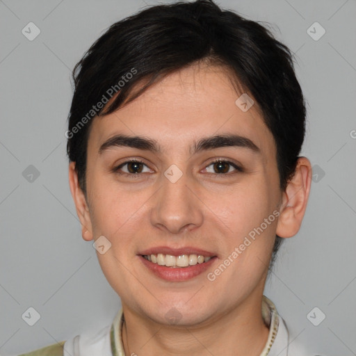 Joyful white young-adult female with short  brown hair and brown eyes