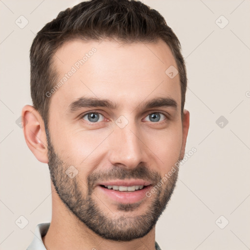 Joyful white young-adult male with short  brown hair and brown eyes