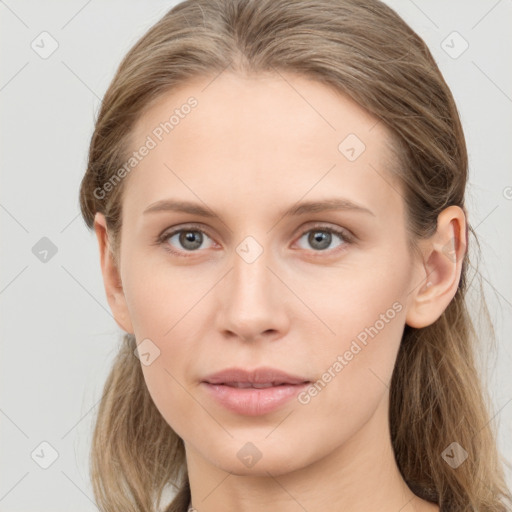 Neutral white young-adult female with long  brown hair and grey eyes