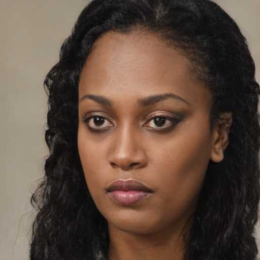 Neutral black young-adult female with long  black hair and brown eyes