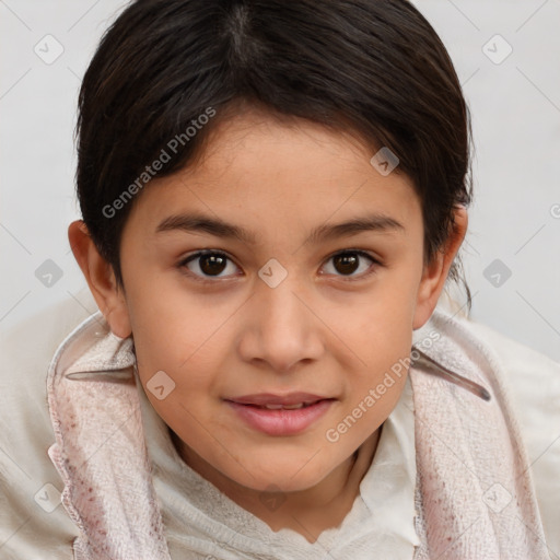 Joyful white child female with medium  brown hair and brown eyes