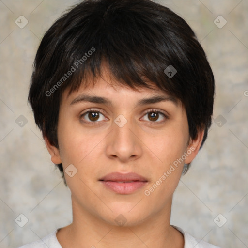 Neutral white young-adult female with short  brown hair and brown eyes