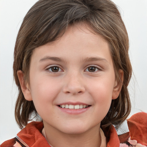 Joyful white child female with medium  brown hair and grey eyes