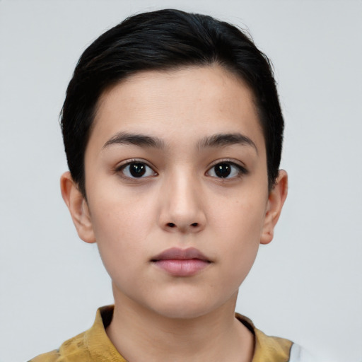 Neutral asian young-adult female with short  brown hair and brown eyes