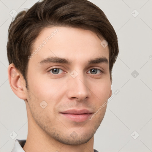 Neutral white young-adult male with short  brown hair and grey eyes