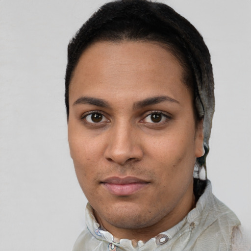 Joyful latino young-adult female with short  brown hair and brown eyes