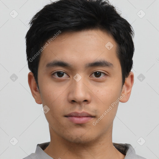 Neutral asian young-adult male with short  black hair and brown eyes