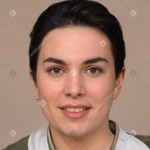 Joyful white young-adult female with short  brown hair and brown eyes