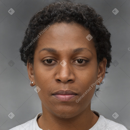 Neutral black young-adult female with short  brown hair and brown eyes