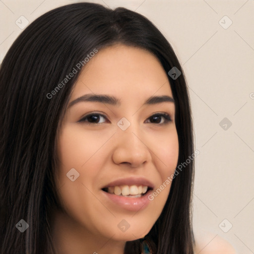 Joyful latino young-adult female with long  brown hair and brown eyes