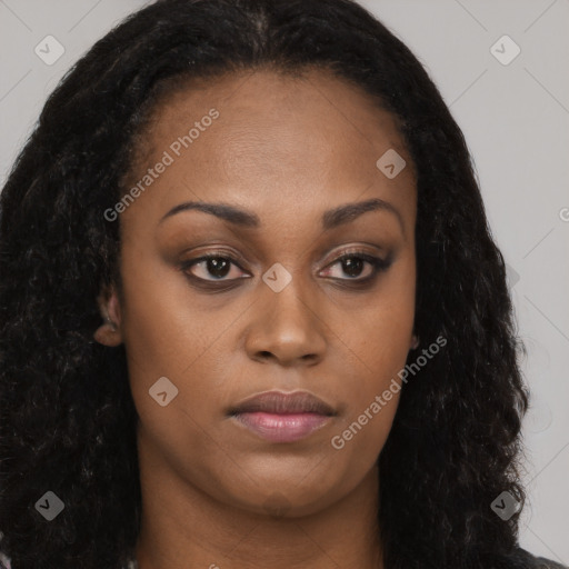 Joyful black young-adult female with long  brown hair and brown eyes