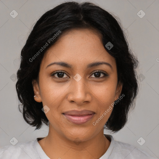 Joyful black young-adult female with medium  black hair and brown eyes