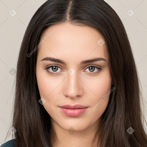 Neutral white young-adult female with long  brown hair and brown eyes