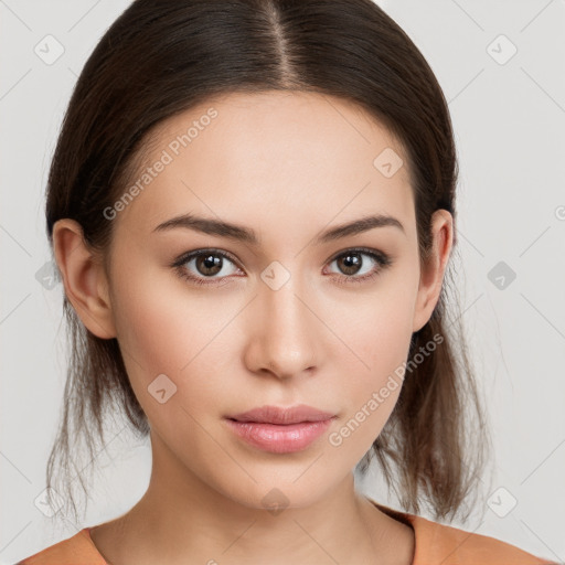 Neutral white young-adult female with medium  brown hair and brown eyes