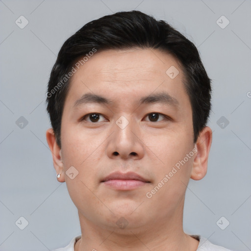 Neutral asian young-adult male with short  black hair and brown eyes