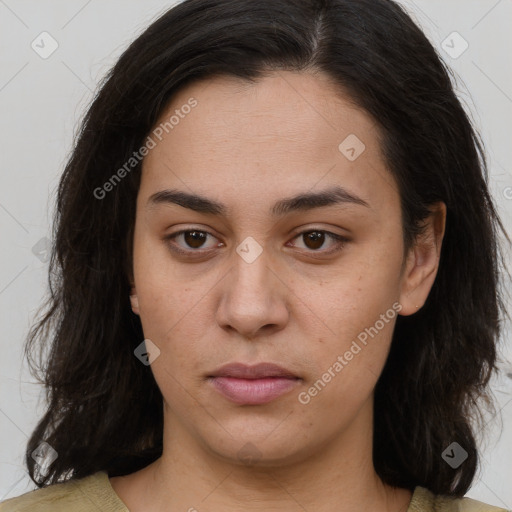 Neutral white young-adult female with medium  brown hair and brown eyes