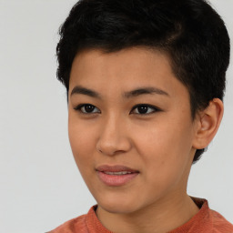 Joyful asian young-adult female with short  black hair and brown eyes