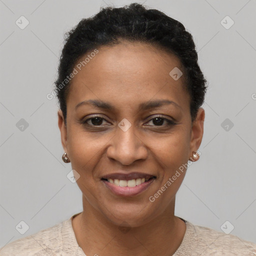 Joyful latino young-adult female with short  brown hair and brown eyes