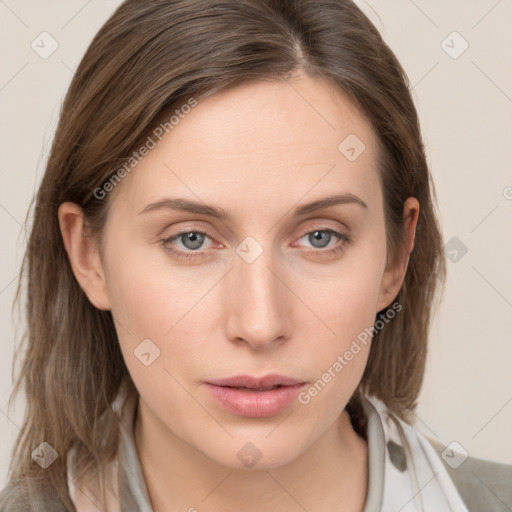 Neutral white young-adult female with medium  brown hair and grey eyes