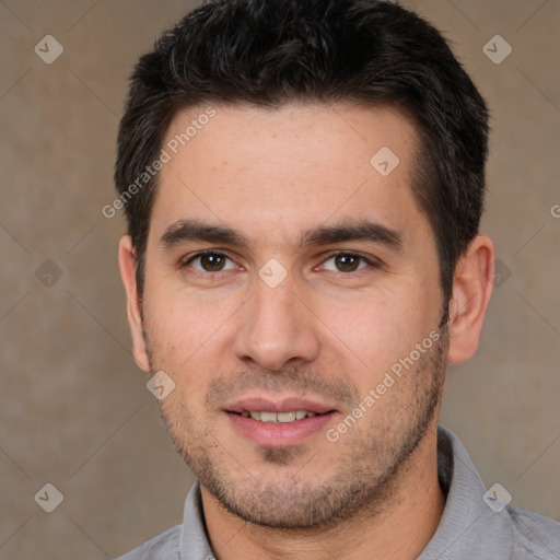 Joyful white young-adult male with short  brown hair and brown eyes